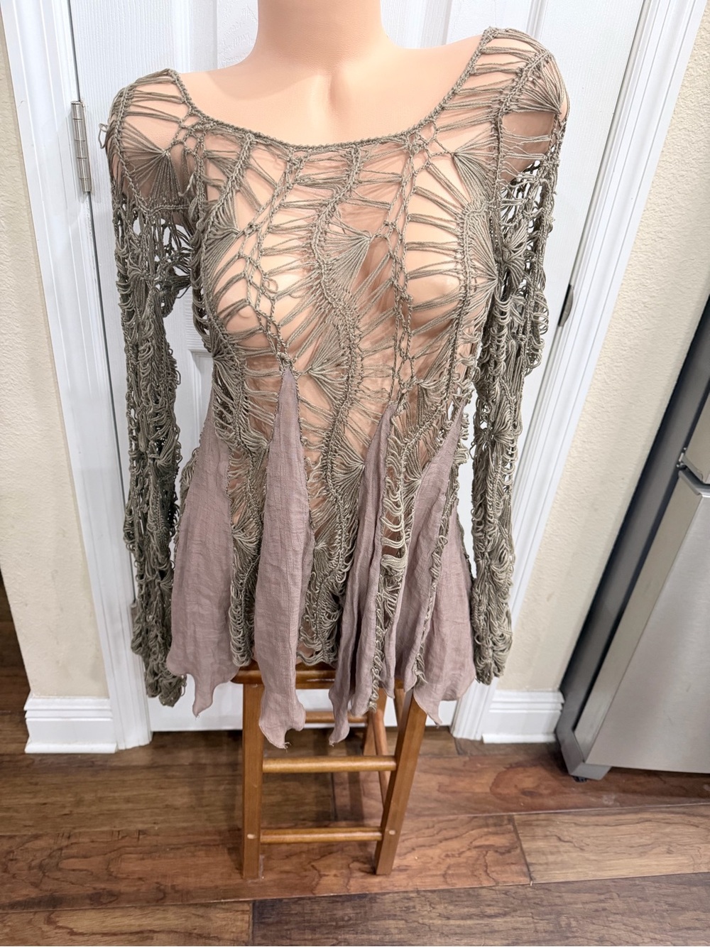 Vintage HTF Monroe & Main Crochet Distressed Fairycore Tunic Mini Dress Taupe S